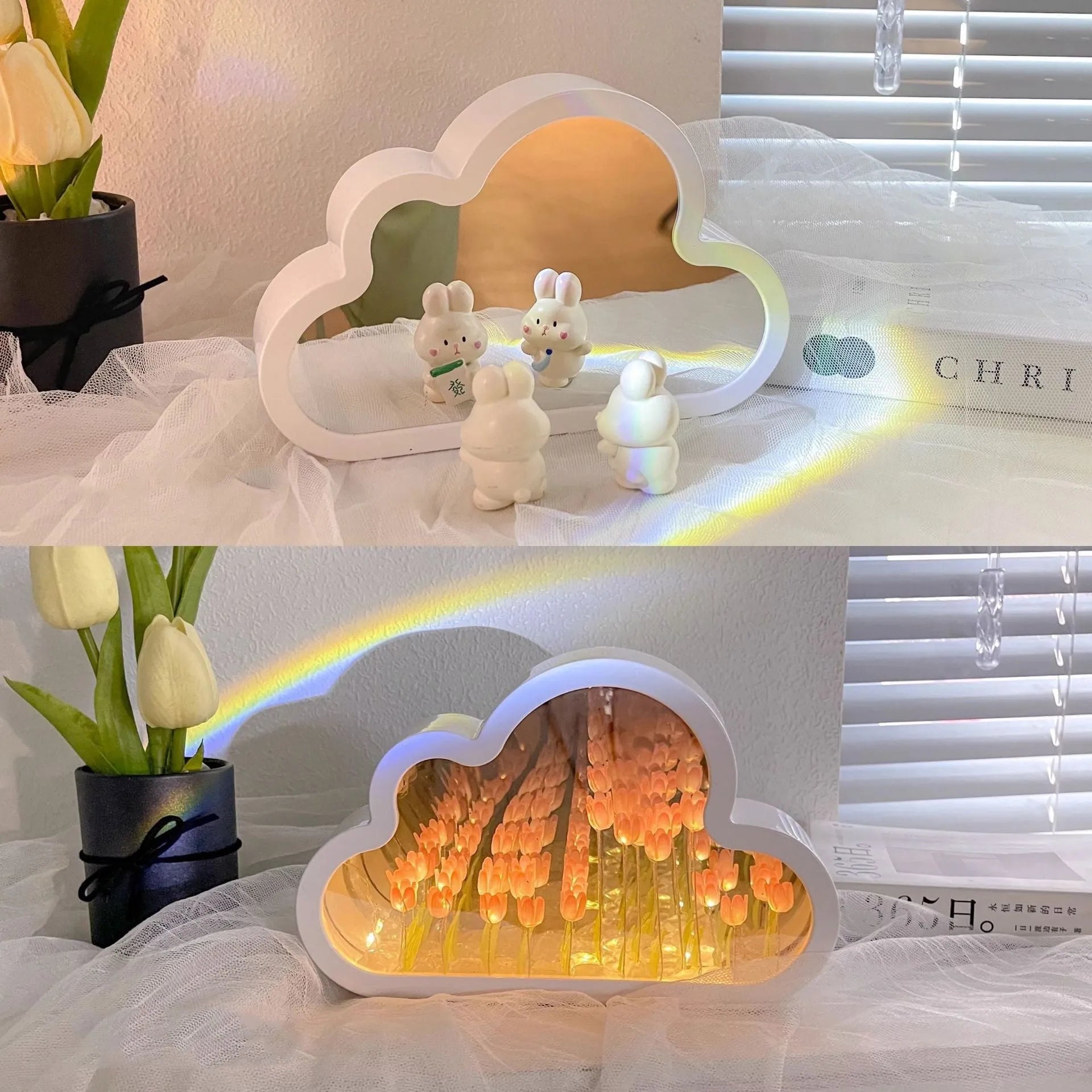 DIY cloud tulip night lamp with decorative mirror and LED light in pink, purple, blue or yellow colours