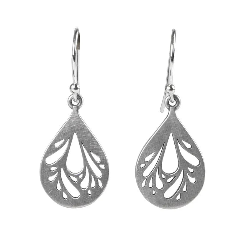 925 sterling silver hollow water drop retro earrings for women, showing grinding texture.