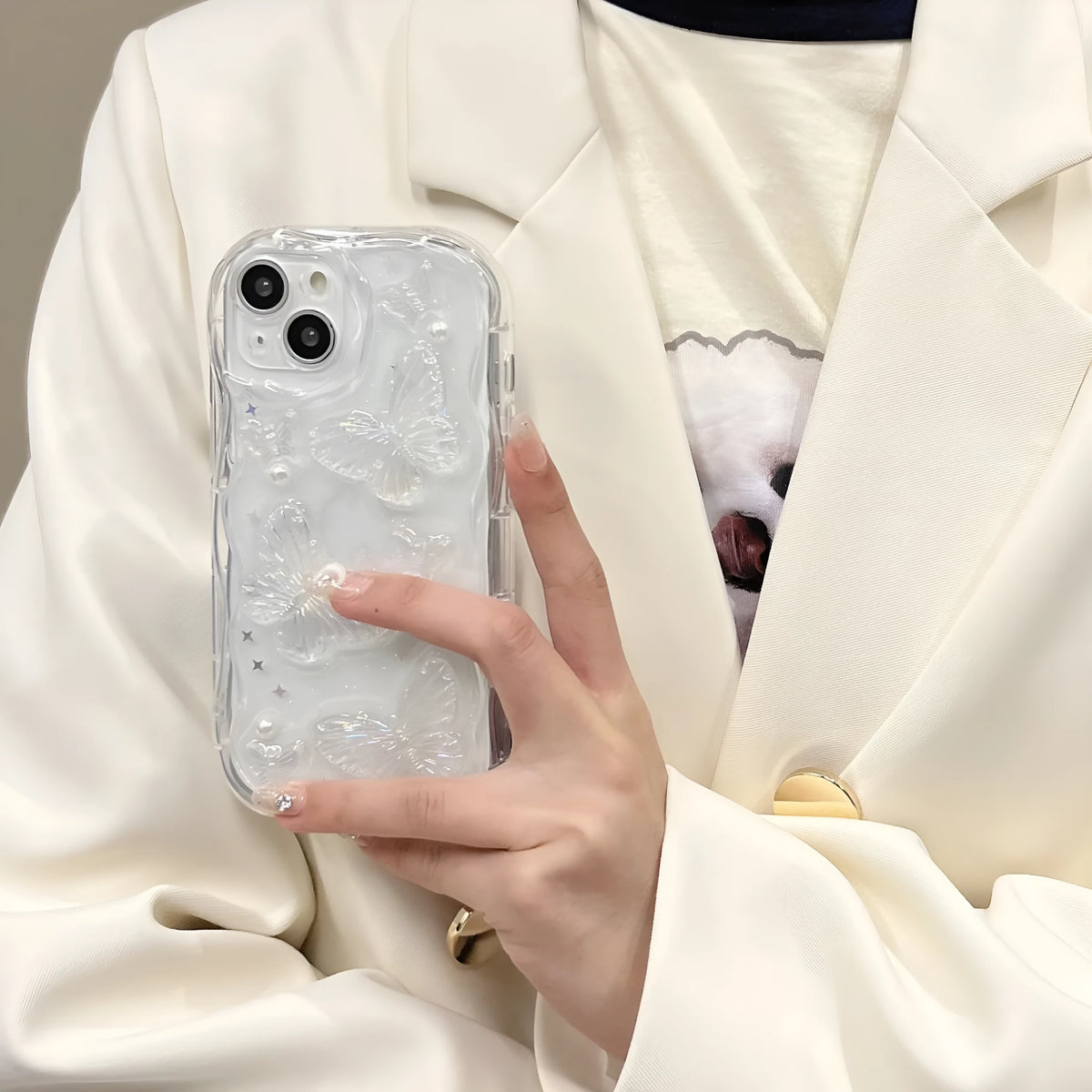 Transparent silicone iPhone case with curved cement white epoxy butterfly, drop-resistant, for iPhone 11-15 Pro Max.