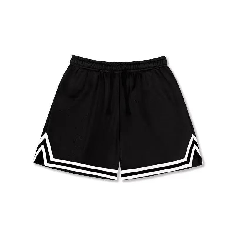 Men's loose-fit polyester sports shorts in various colours on a size chart.