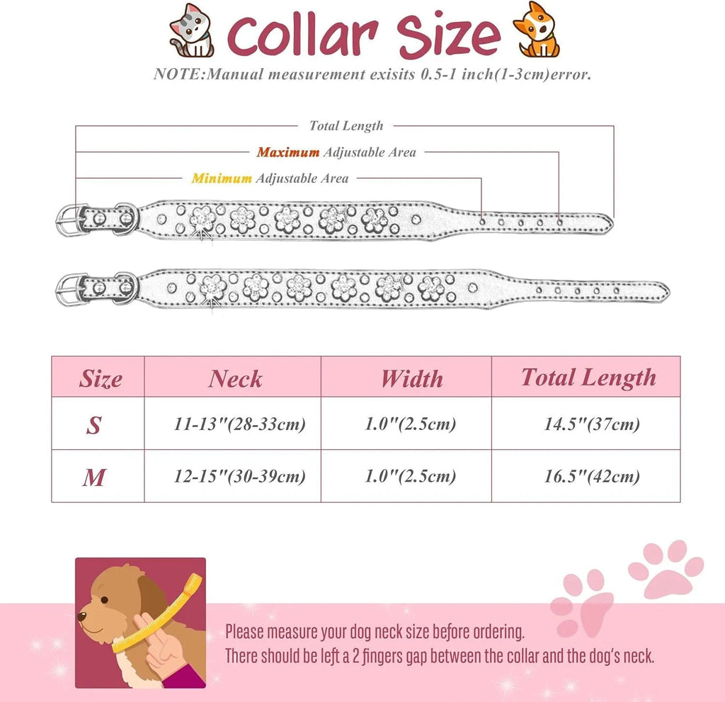Black PU leather dog collar with rhinestone flower pattern and studs, adjustable for small dogs.