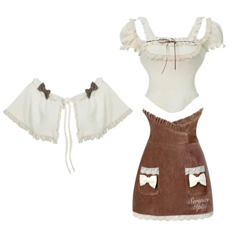 Apricot knitted top, brown hip skirt and apricot shawl three-piece set in sizes S, M and XS