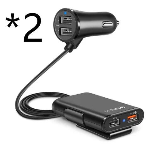 4 USB car charger with cable and clip, black or white, QC3.0, 1.7m cable