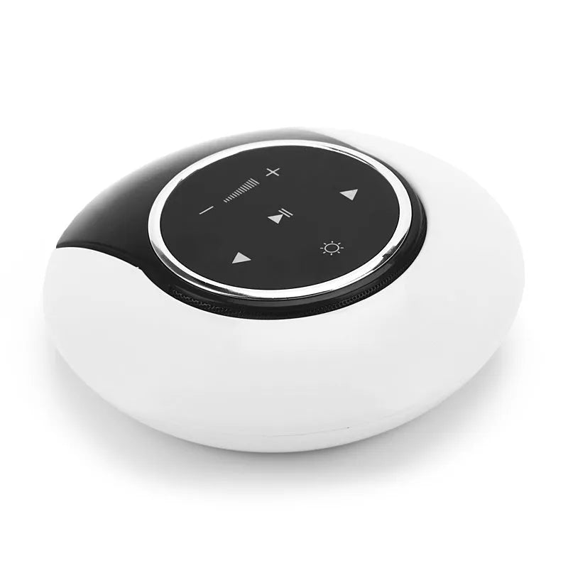 Blue Bluetooth desk lamp speaker with touch controls showing white, yellow and blue light options