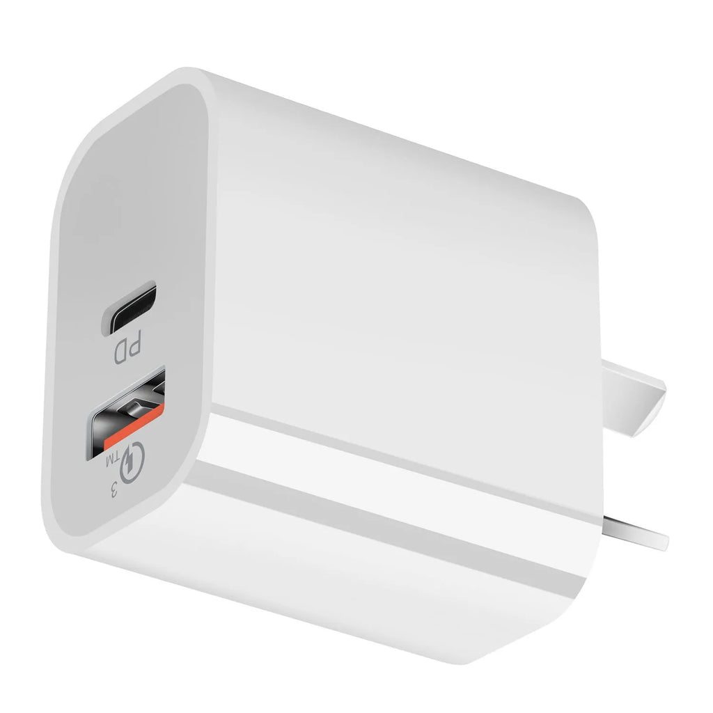 White dual port USB charger with Australian plug showing USB-A and USB-C ports