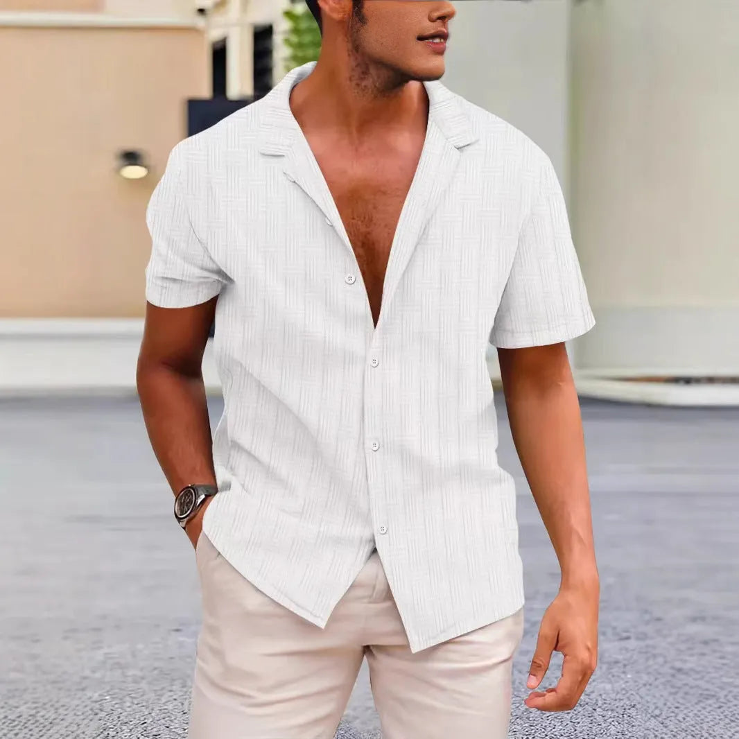 Men's apricot corduroy short sleeve button-up shirt with a British cardigan style on a hanger.