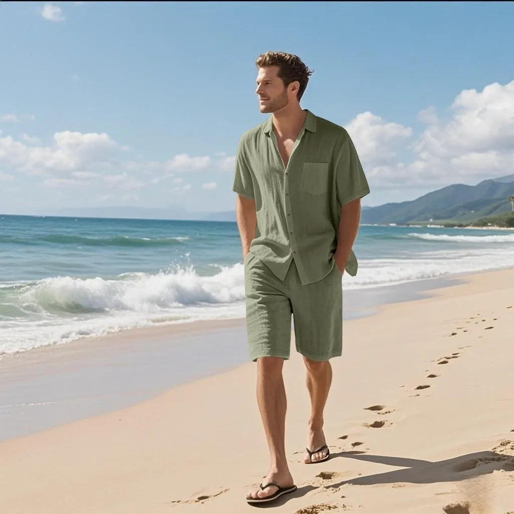 Linen blend short sleeve shirt and shorts casual beach suit set shown in khaki colour.