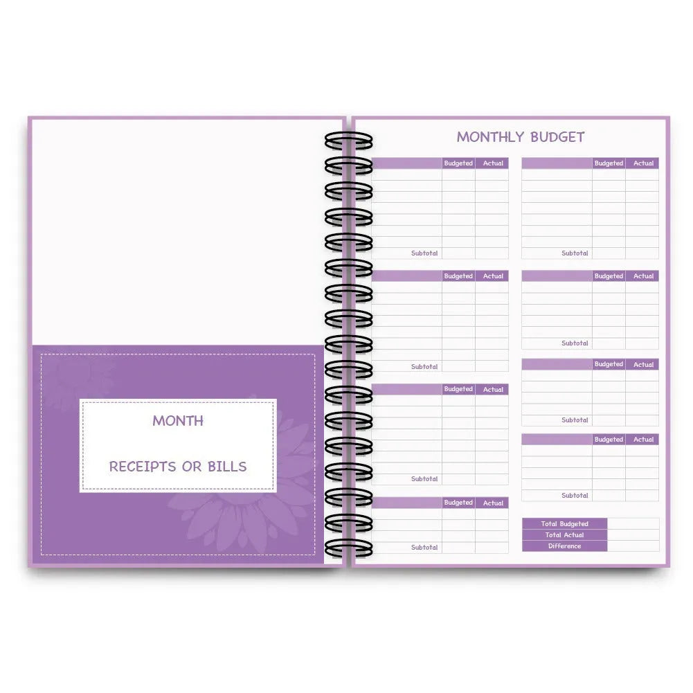 J12 purple coil-bound budget book open showing Daolin paper pages with financial tracking stickers and paper clips