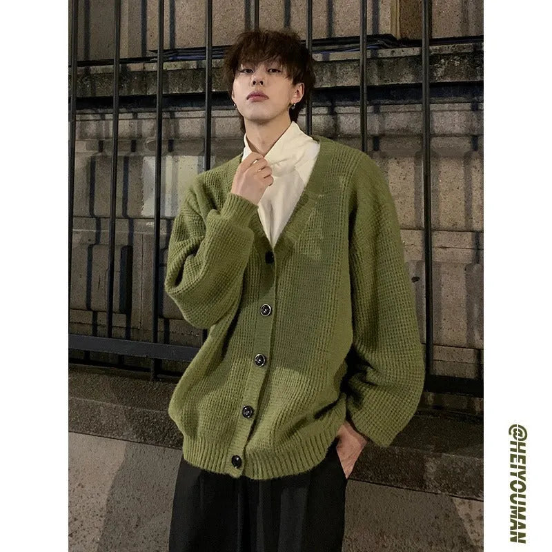 Men's casual V-neck cardigan sweater in army green, loose fit, long sleeve