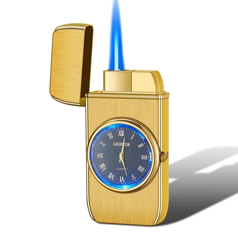 Electronic watch gas lighter with LED flash in black brushed metal finish.