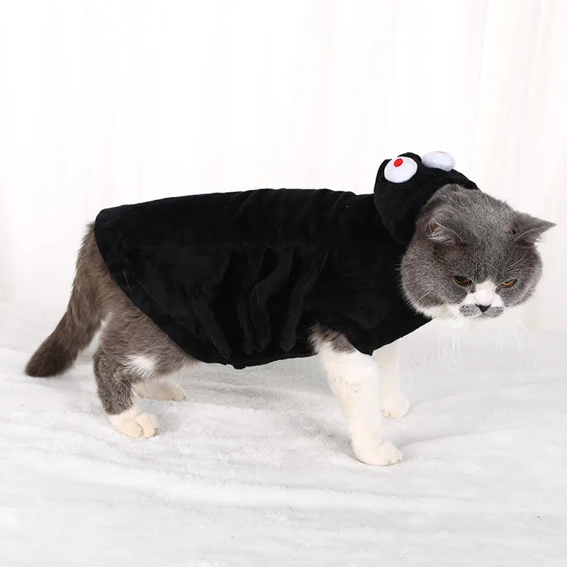Halloween dog costume with black spider pattern on polyester fabric in sizes S, M, L.