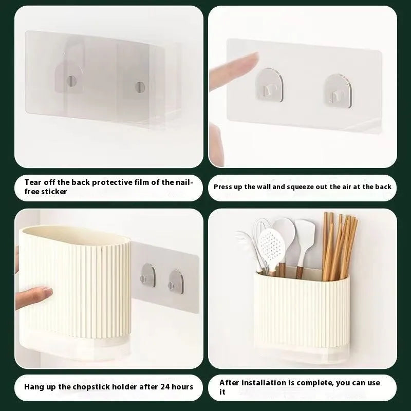 Modern plastic chopsticks tube holder mounted on kitchen wall holding utensils
