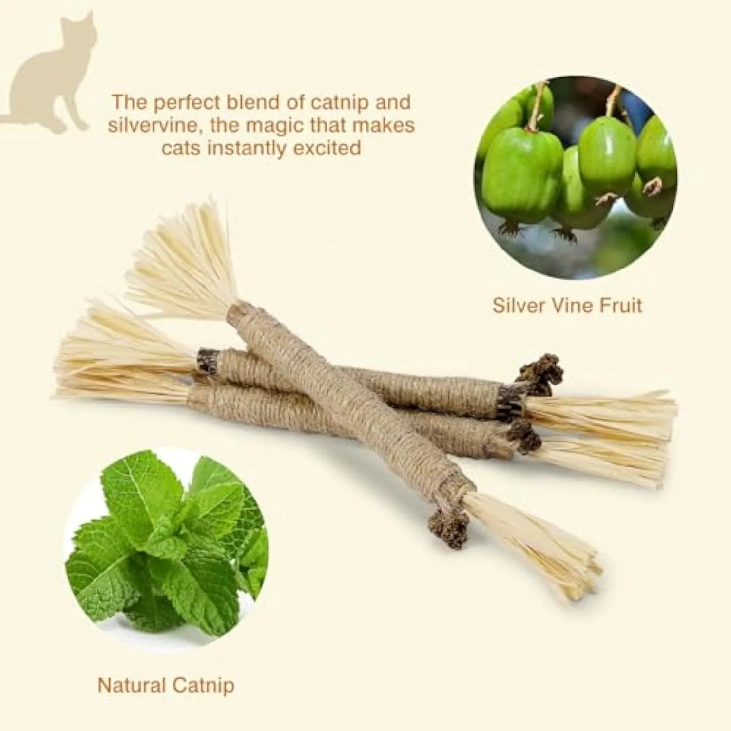 Three natural silvervine chew sticks for cats with sisal rope and raffia dental toy