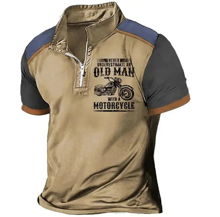 Men's casual short sleeve polo shirt with lapel, digital letter printing, and zipper decoration details.
