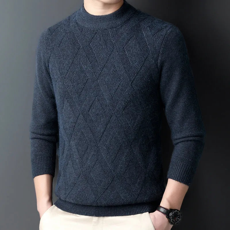 Men's thick diamond jacquard winter sweater in light camel colour, pullover style