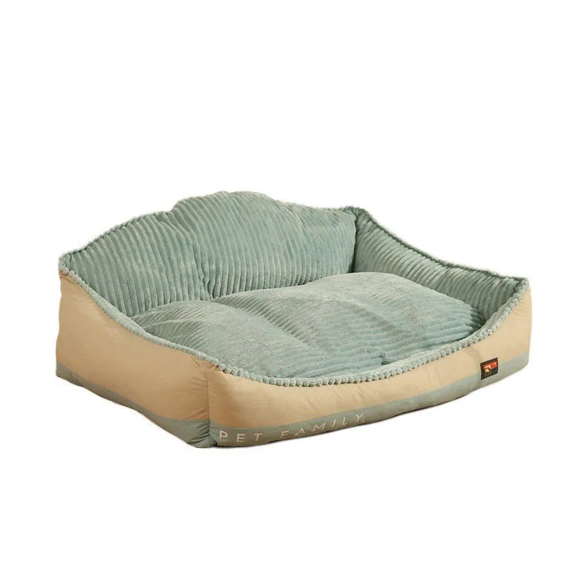 Morandi coloured washable pet bed mat with kennel structure for dogs and cats on a sofa.