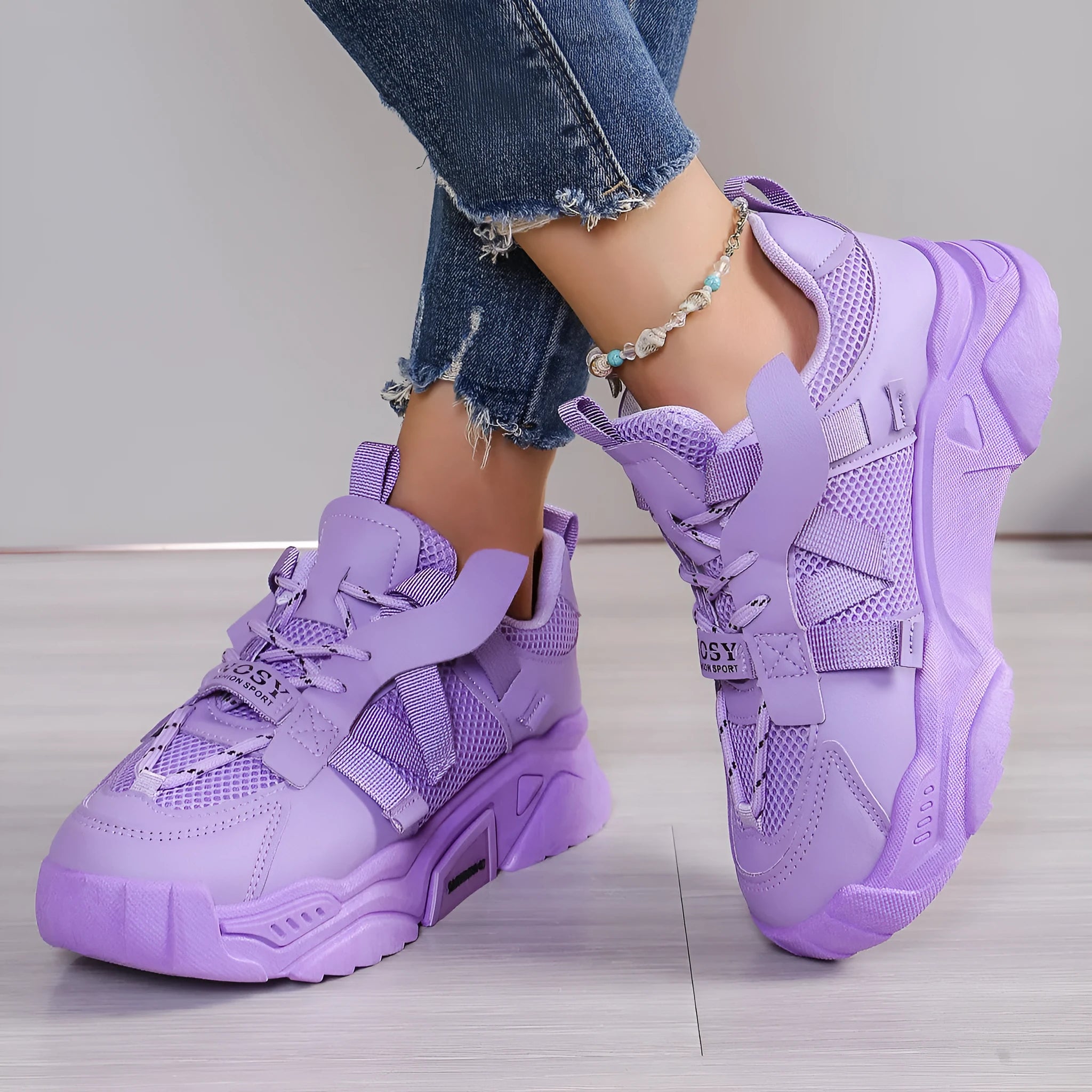 Women's green platform mesh sports shoe with lace-up front and thick sole