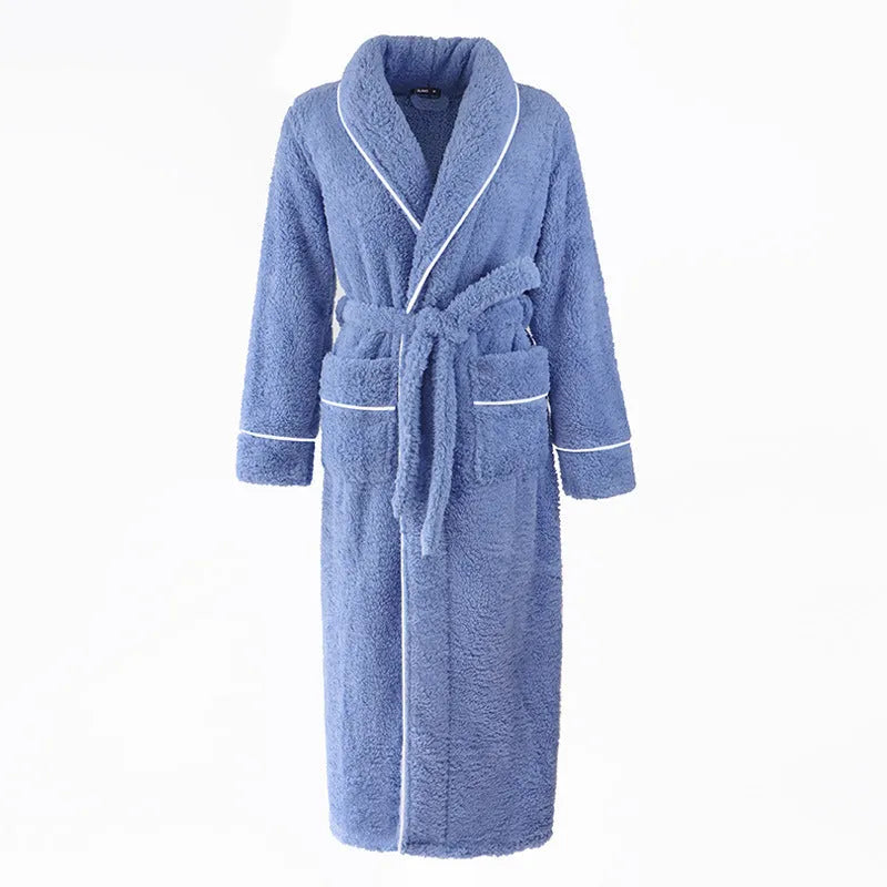 A man and woman wearing matching thick, navy blue flannel bathrobes in a European style cut.
