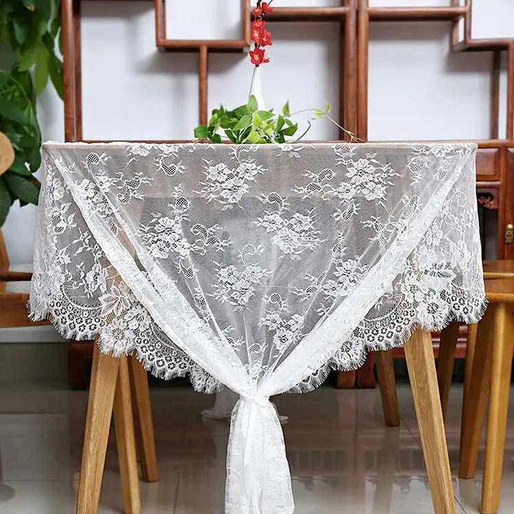 White knitted lace tablecloth 150cm x 300cm in nylon yarn for home dining tables