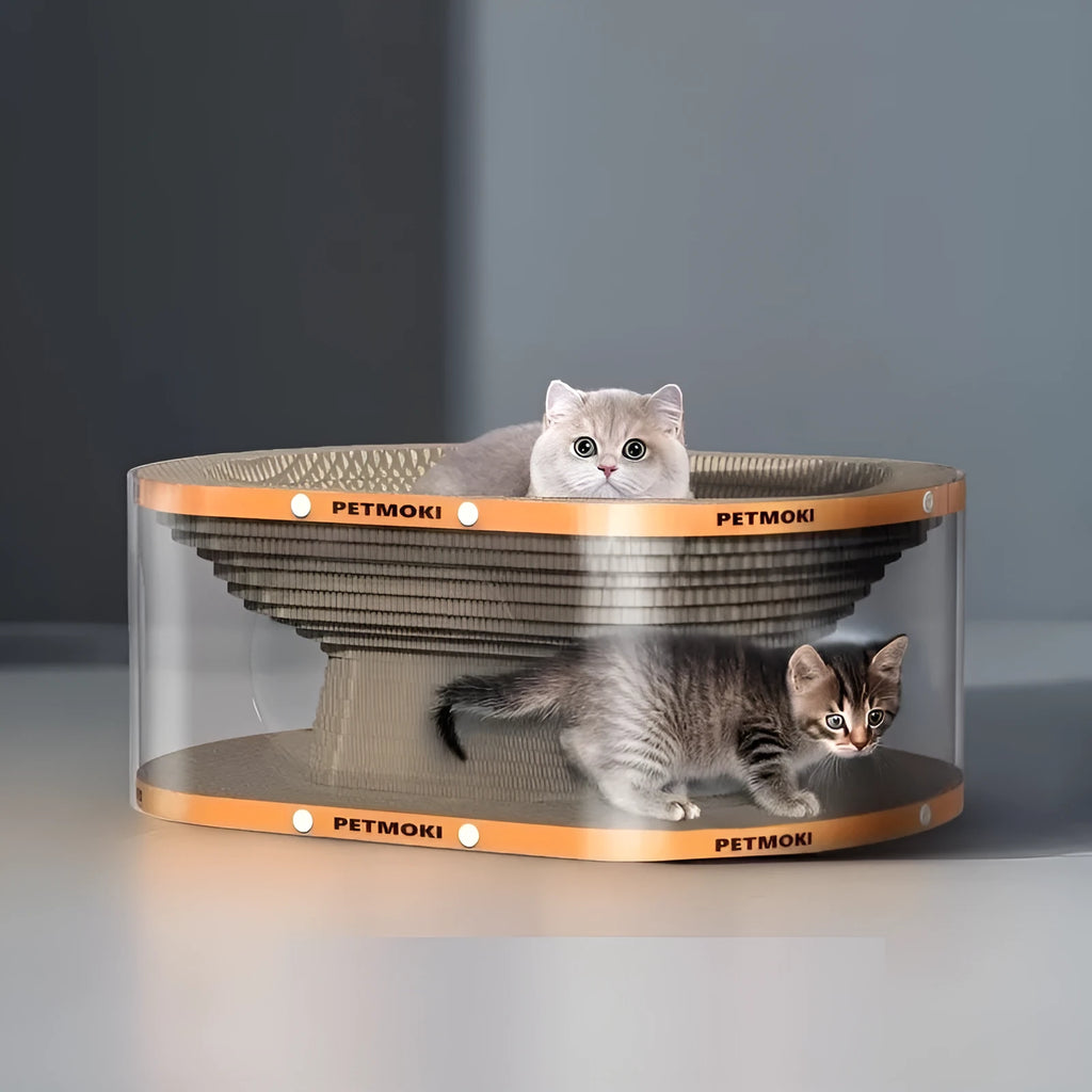 White transparent PVC tunnel cat nest attached to a large corrugated cardboard scratch board