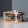 White transparent PVC tunnel cat nest attached to a large corrugated cardboard scratch board