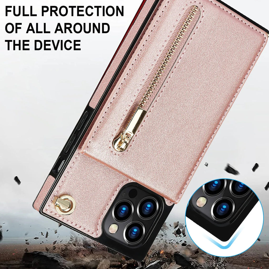Black leather and TPU mobile phone case shown fitted on an iPhone 13 Pro.