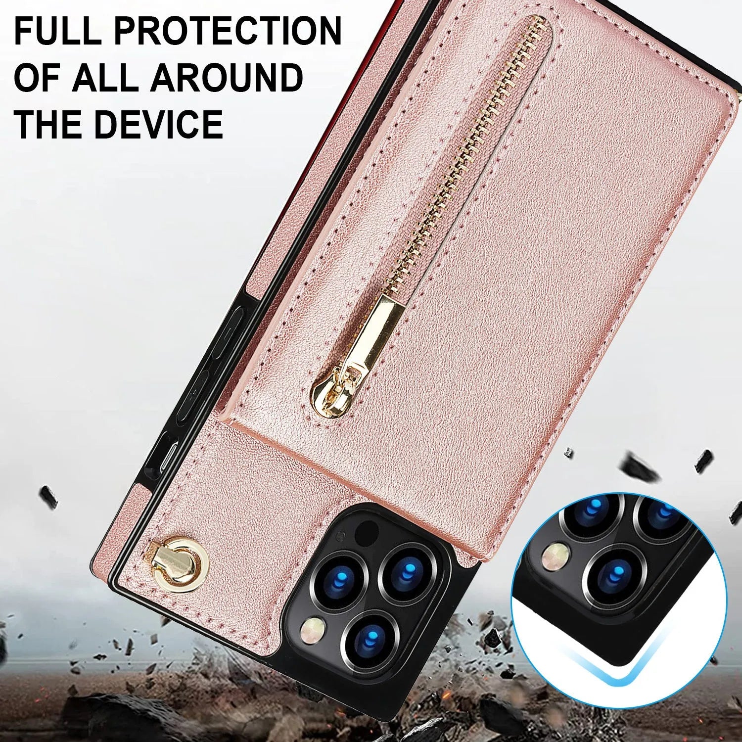 Black leather and TPU mobile phone case shown fitted on an iPhone 13 Pro.