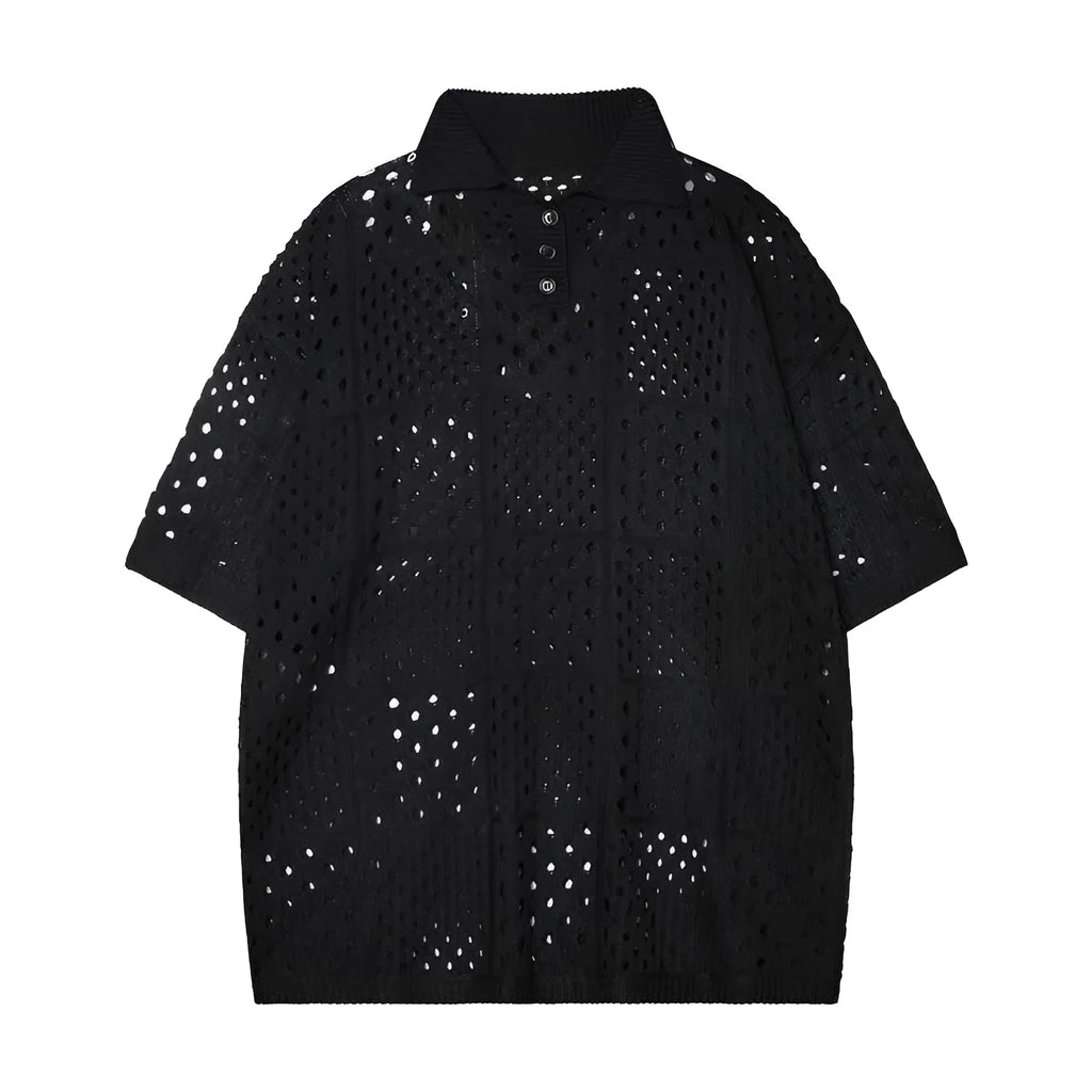 Black and white loose-fit short-sleeved knitting polo shirt with a hollow design for teenagers