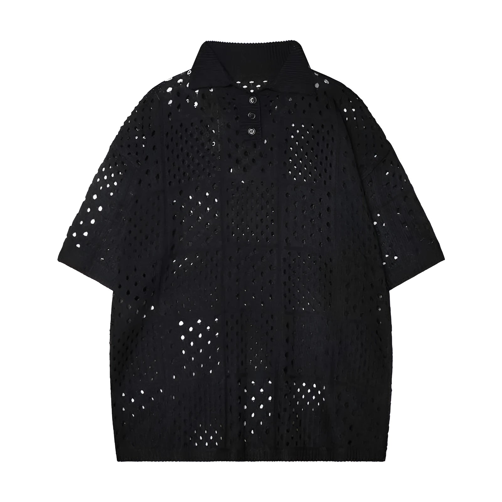 Black and white loose-fit short-sleeved knitting polo shirt with a hollow design for teenagers