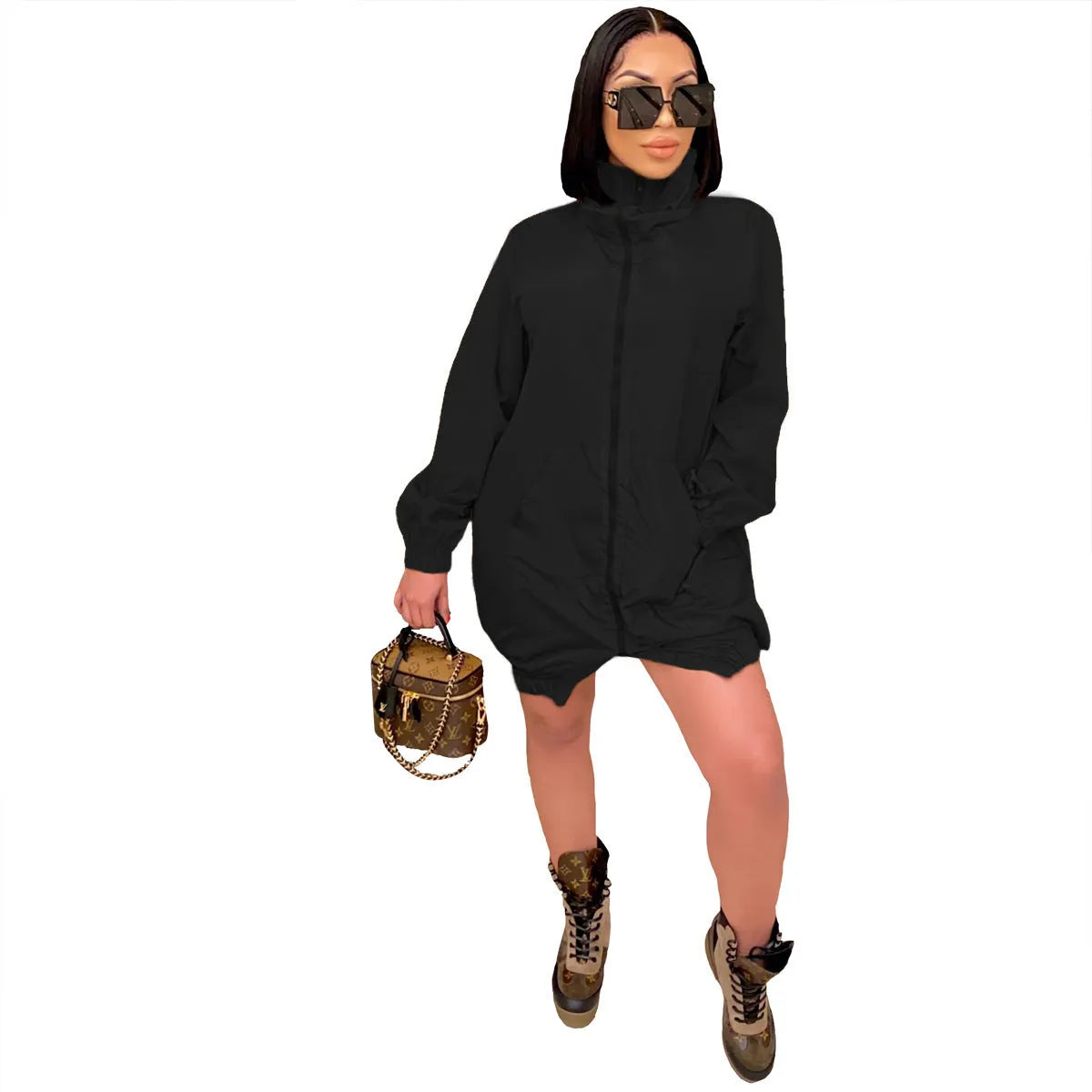 Casual women's loose long sleeve zipper dress in black, A-line skirt, polyester fibre