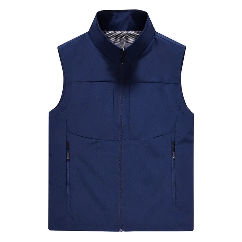 Men's loose fit stand collar cardigan vest in khaki colour with zipper pockets.