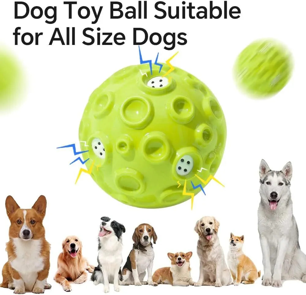 Durable rubber dog chew ball in multiple colours with squeaky sound and teeth-cleaning bumps.