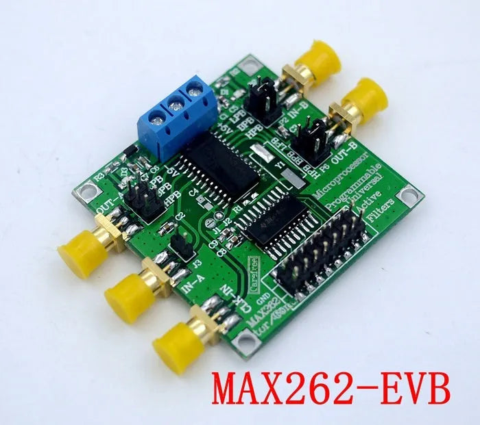 MAX262 active filter module programmable low pass high pass bandpass on green PCB with labelled pins and 50x50mm size