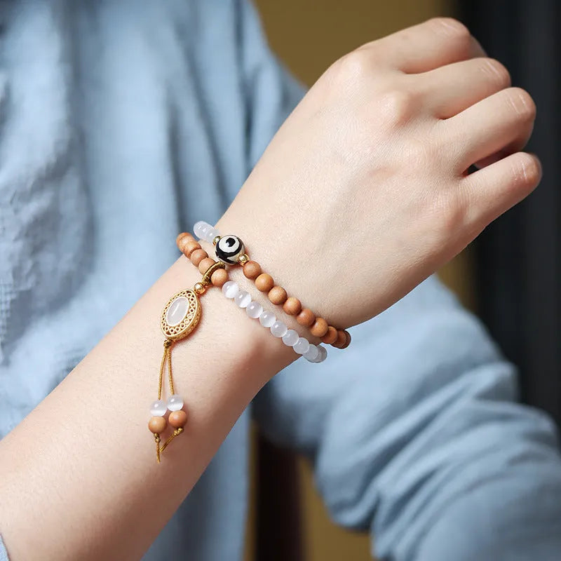 Mixed material bracelet with sandalwood double ring opal Tibetan beads and polished finish