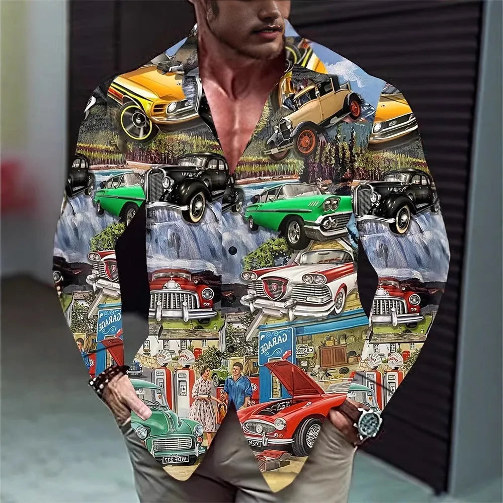 Man wearing a loose-fit Hawaiian shirt with floral pattern, long sleeves, and a cardigan style.