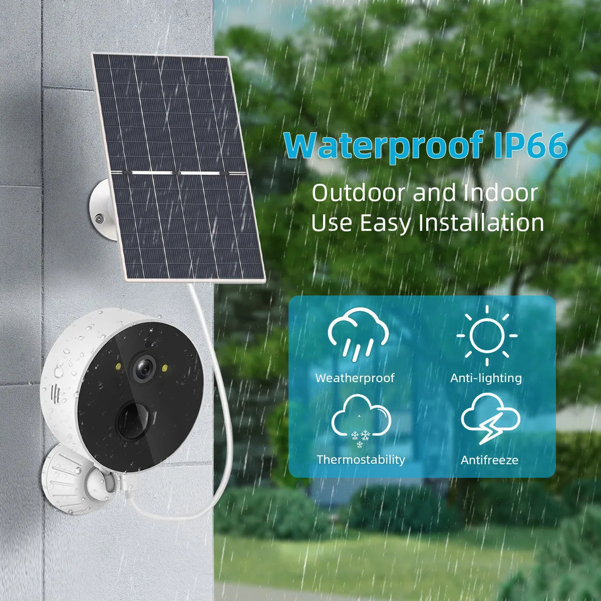 Solar-powered outdoor security camera with solar panel on grass