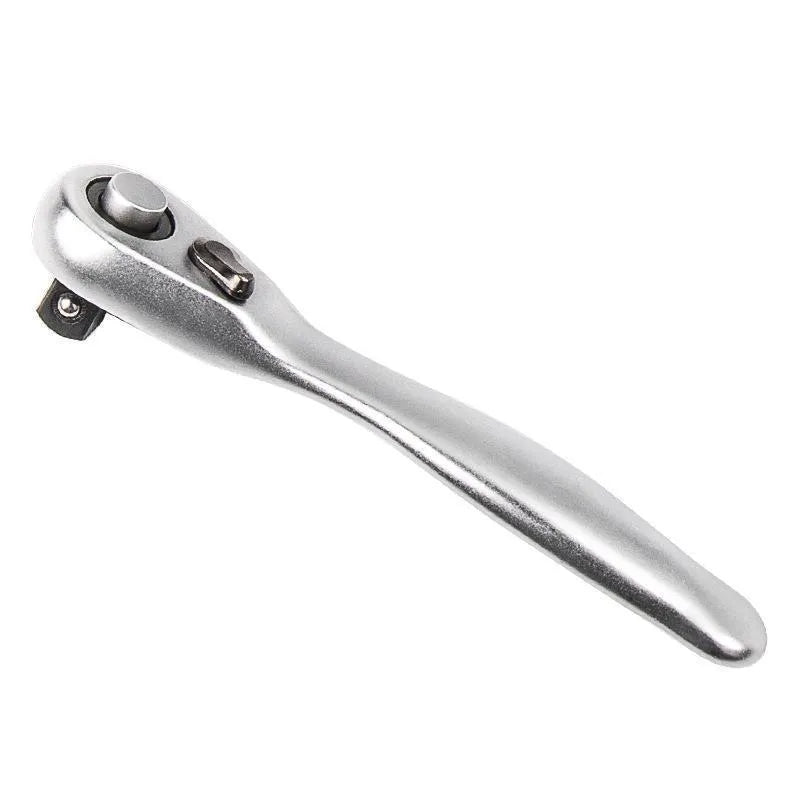 Silver galvanised steel mini ratchet wrench socket wrench on neutral background