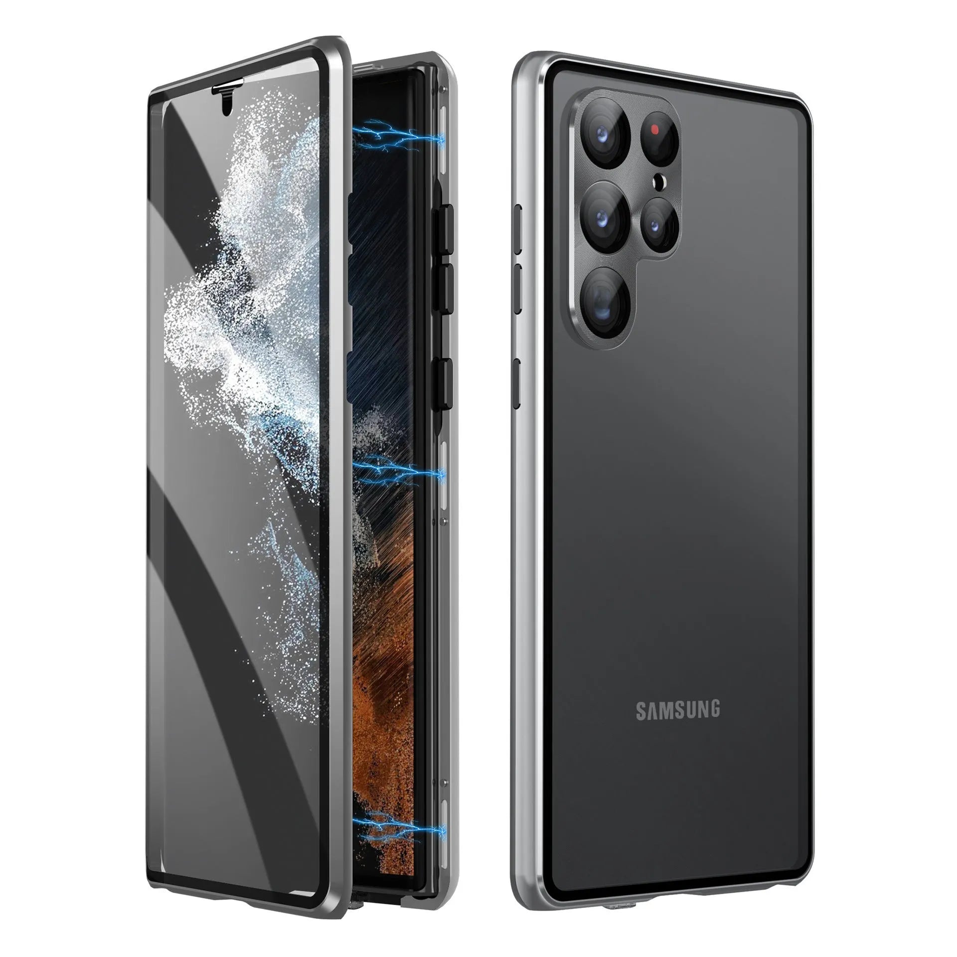 Metal magnetic phone case with a mirror for Samsung S24 Ultra in multiple colour options.