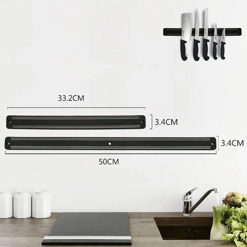 50cm magnetic knife holder with stainless steel strip and plastic body on a wall