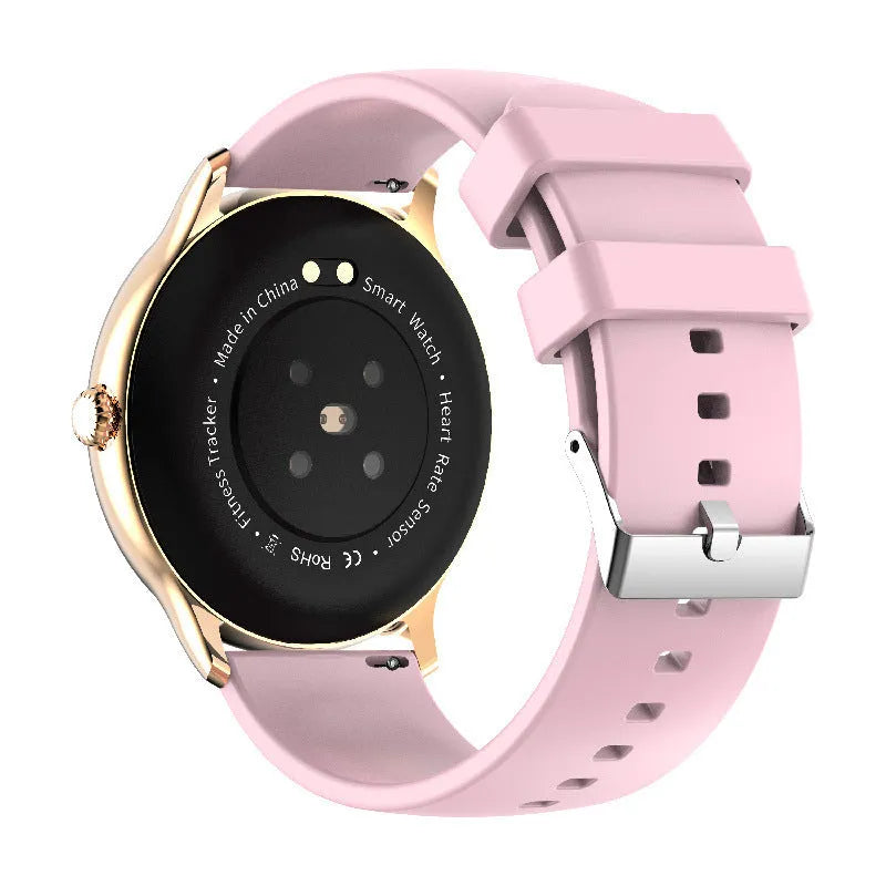 Black smart sports watch with circular screen displaying health stats on a silicone strap.