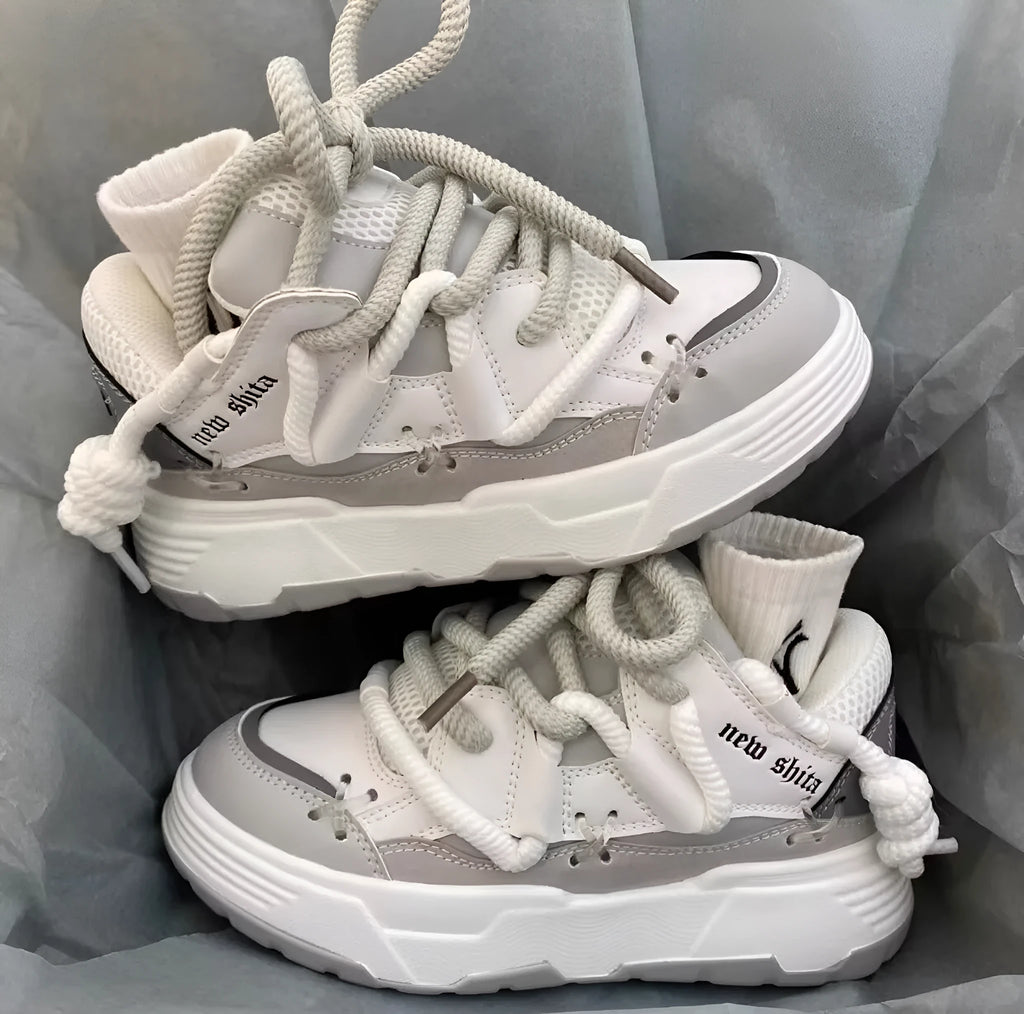 Women's retro platform sneakers with thick rubber sole and microfiber upper in grey colour