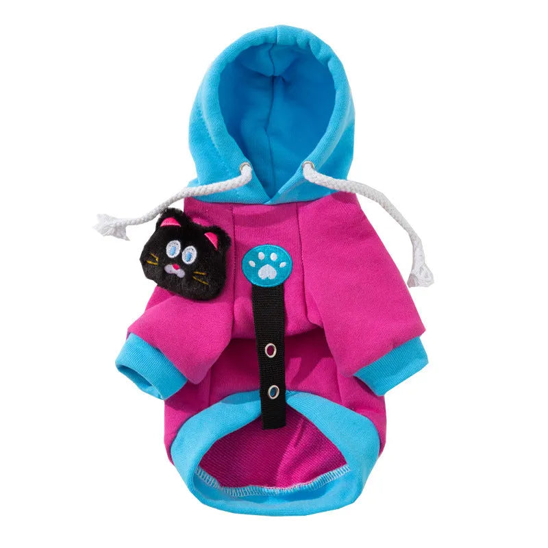 Purple colour-block dog hoodie with drawstring hood, cat plush necklace and belt loops, sizes XS to XL
