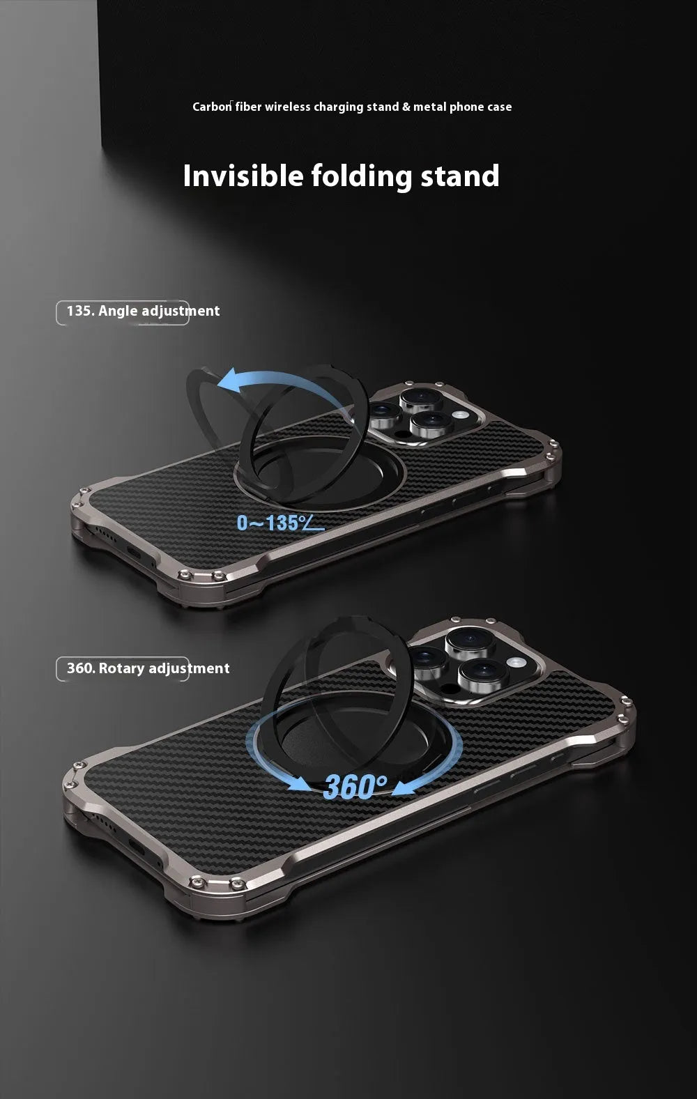 Dark gray metal carbon fibre rotating bracket phone case for Apple iPhone 15 Pro Max with anti-fall and anti-fingerprint properties