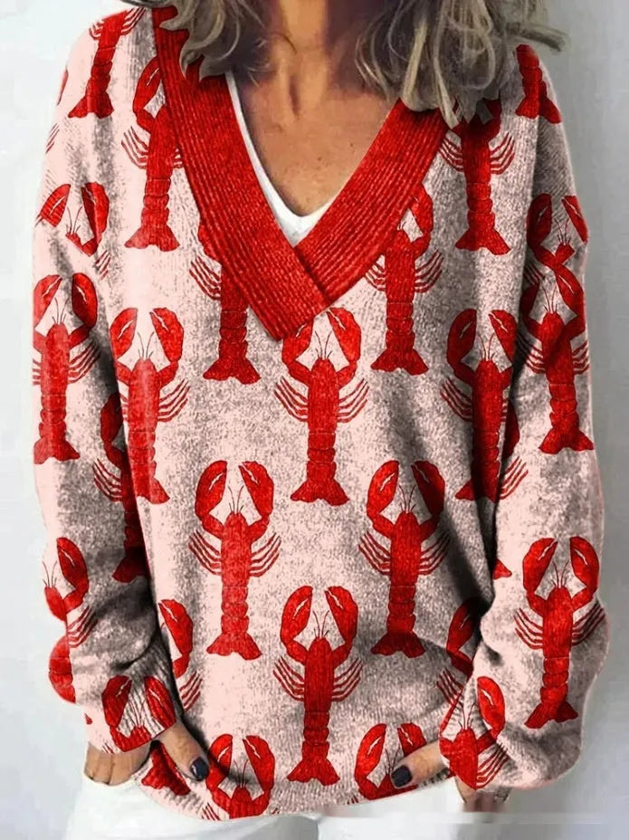 Women's V-neck sweatshirt with 3D floral print pattern on white polyester woven fabric