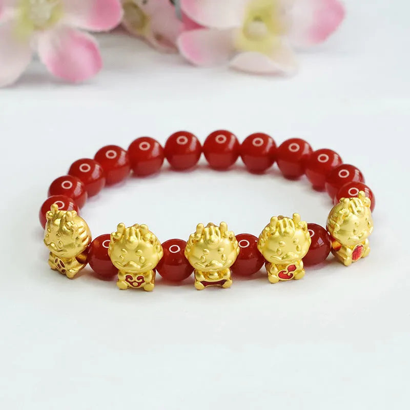Red agate bracelet with Wufu Dragon design on 8mm beads