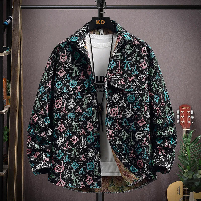Men's casual lapel shirt coat in polyester, shown in a colour option like black or blue, with long sleeves and a straight hem.