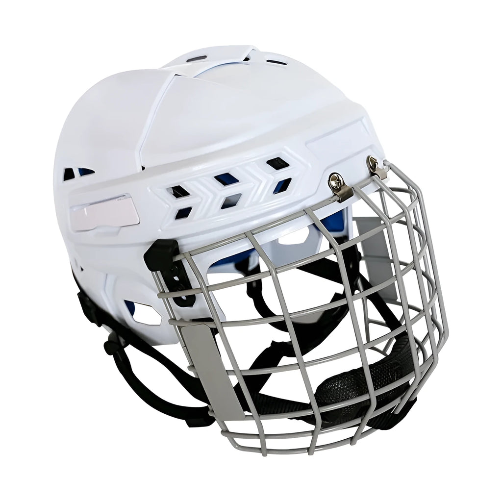 Ice hockey helmet with a carbon steel face mask, shown in size S/M/L/XL, for head protection.