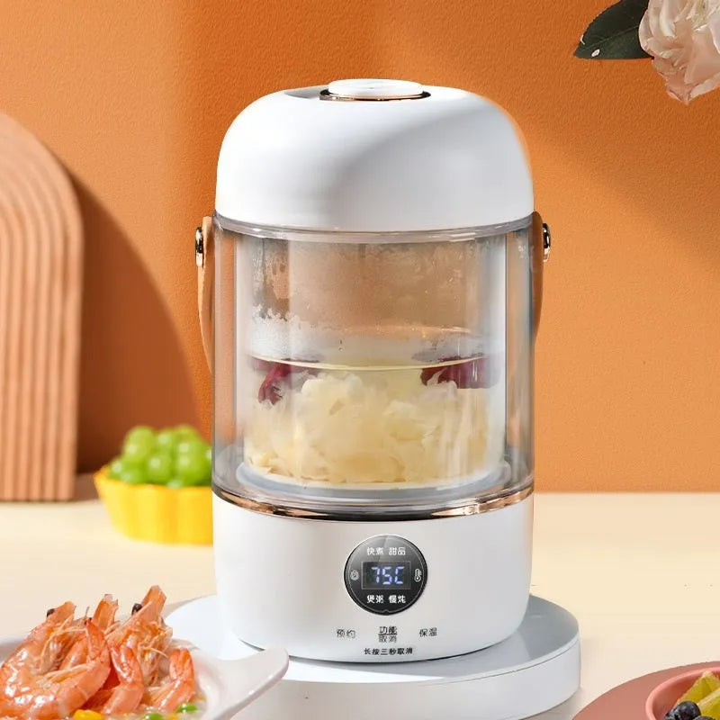 Personal portable electric stew cooker with glass liner and fibreglass body, 500W power.