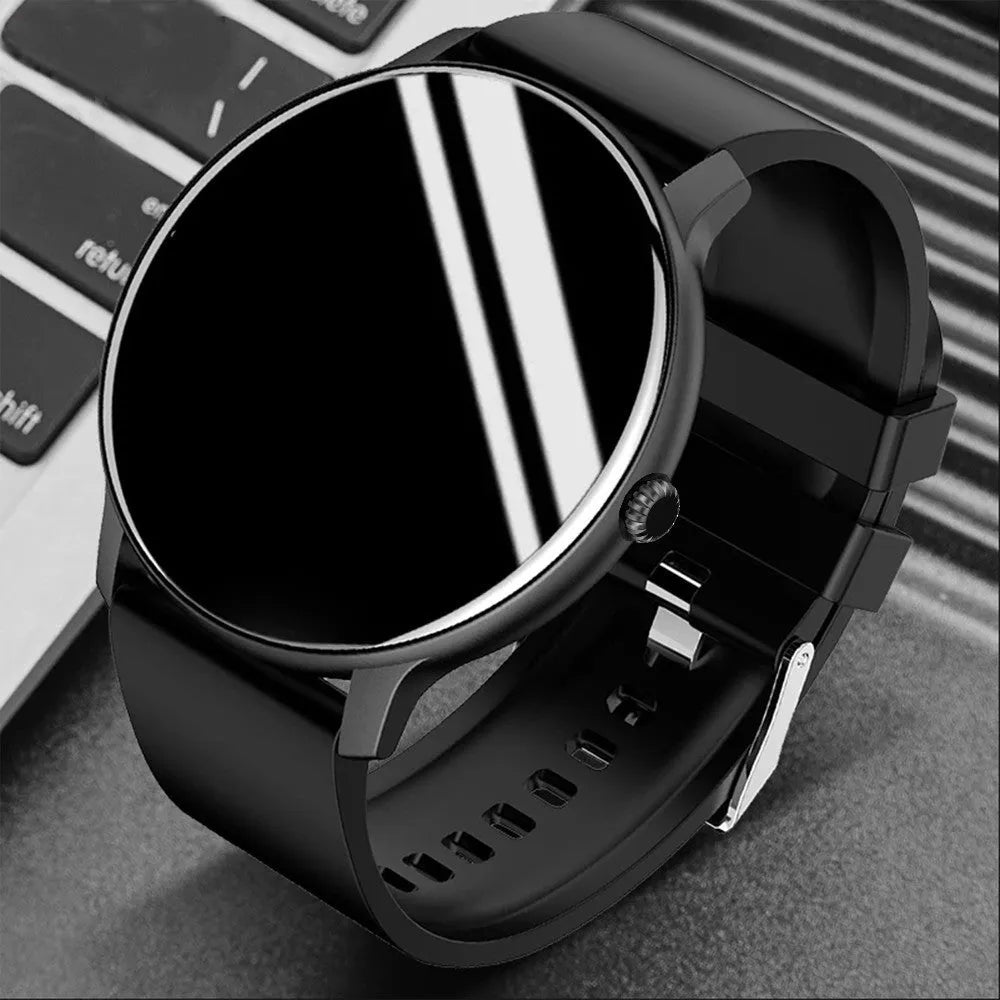 Black smart sports watch with circular screen displaying health stats on a silicone strap.