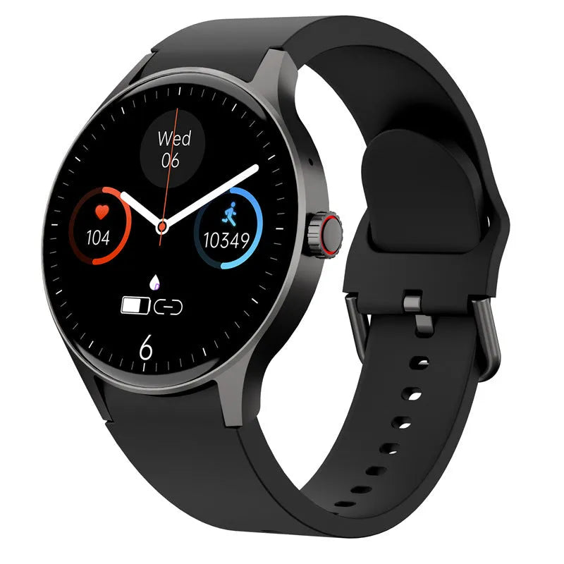 Smart Bluetooth sport watch with round screen shown in black, blue, pink, and red colour options.